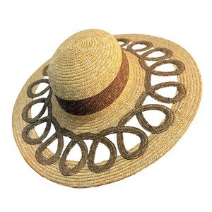 Coastal Wide Brim Sun Hat Straw Boho Beach Fashion Open Loop Brown Band RARE
